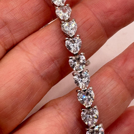 Vintage Silver Tennis Bracelet | Cubic Zirconia Crystal Diamond Gemstone Hearts | 925 Sterling Silver Dainty Stackable Tennis Bracelet