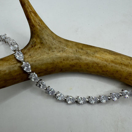 Vintage Silver Tennis Bracelet | Cubic Zirconia Crystal Diamond Gemstone Hearts | 925 Sterling Silver Dainty Stackable Tennis Bracelet