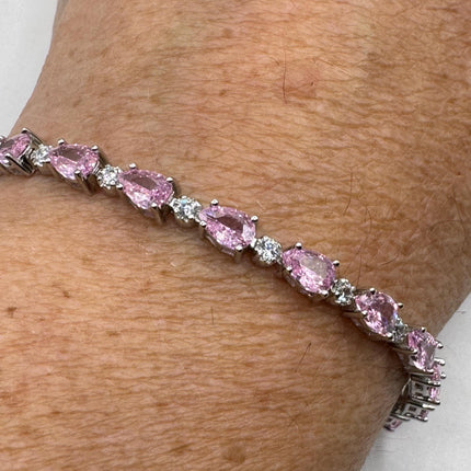 Vintage Tennis Bracelet | Simple Everyday Pink Ice Cubic Zirconia Crystal Gemstone | 925 Sterling Silver Stackable Minimal Bracelet