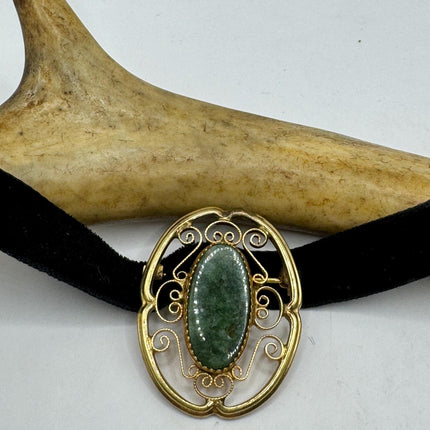 vintage lucky green Jade Brooch Pin gold filled Black velvet choker small, simple every day minimal