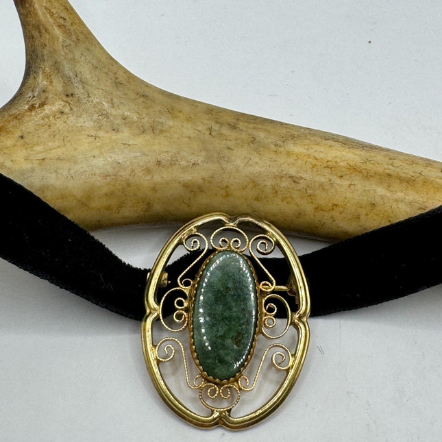 vintage lucky green Jade Brooch Pin gold filled Black velvet choker small, simple every day minimal