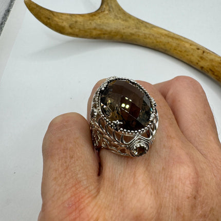 Vintage Smoky Topaz Chunky Cocktail Ring 925 Sterling Silver