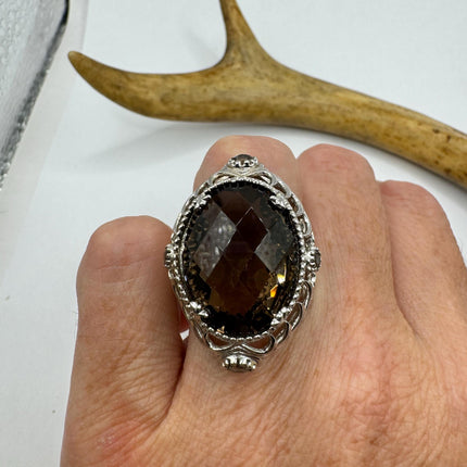 Vintage Smoky Topaz Chunky Cocktail Ring 925 Sterling Silver