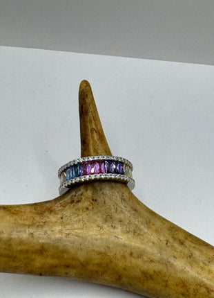 Vintage Rainbow Crystal Stacking Eternity Promise Ring Engagement Wedding Band 925 Sterling Silver