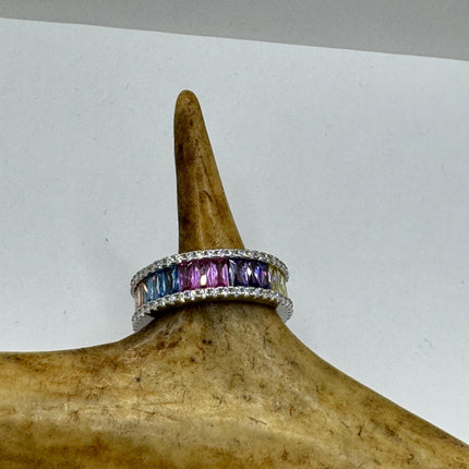 Vintage Rainbow Crystal Stacking Eternity Promise Ring Engagement Wedding Band 925 Sterling Silver