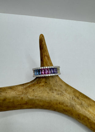 Vintage Rainbow Crystal Stacking Eternity Promise Ring Engagement Wedding Band 925 Sterling Silver
