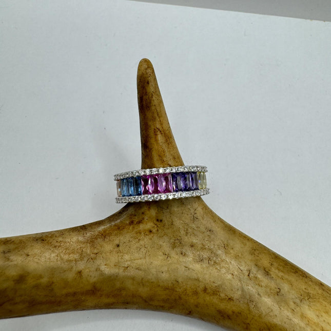 Vintage Rainbow Crystal Stacking Eternity Promise Ring Engagement Wedding Band 925 Sterling Silver