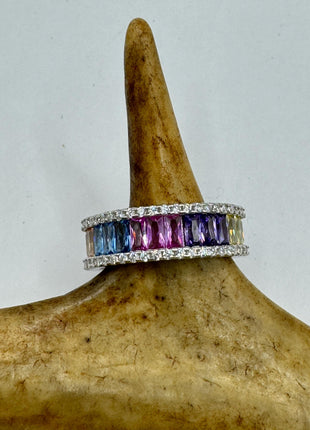 Vintage Rainbow Crystal Stacking Eternity Promise Ring Engagement Wedding Band 925 Sterling Silver