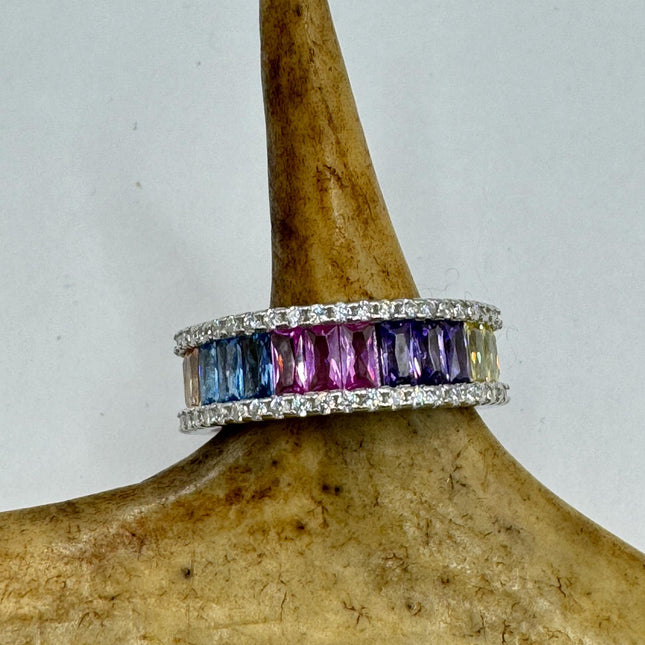 Vintage Rainbow Crystal Stacking Eternity Promise Ring Engagement Wedding Band 925 Sterling Silver