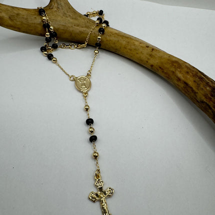 Vintage Gold Rosary Necklace | Black Onyx Gemstone Beaded 9k Gold Filled Cross Pendant Charm Rosary Prayer Necklace