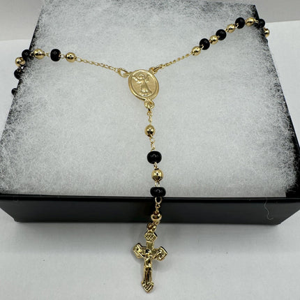 Vintage Gold Rosary Necklace | Black Onyx Gemstone Beaded 9k Gold Filled Cross Pendant Charm Rosary Prayer Necklace