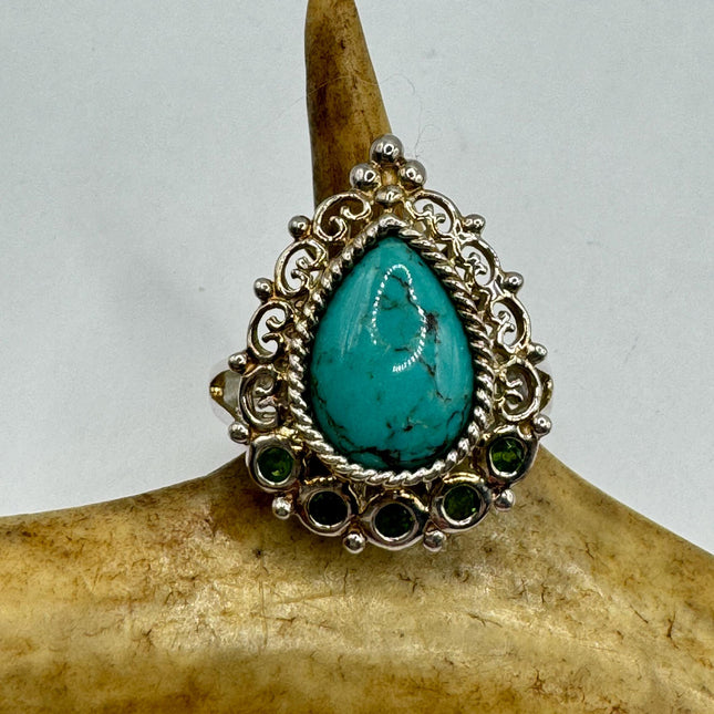 Vintage Silver Ring | Turquoise Howlite Green Chrome Diopside Boho Cocktail |925 Sterling Silver Antique Wedding Promise Engagement Ring