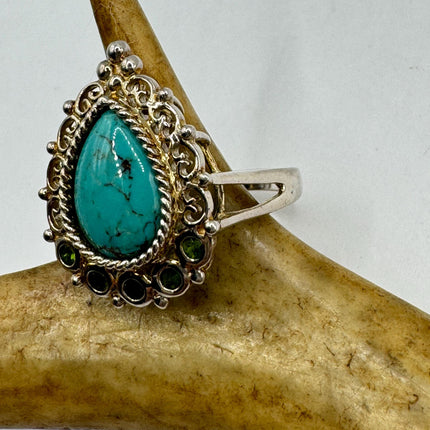 Vintage Silver Ring | Turquoise Howlite Green Chrome Diopside Boho Cocktail |925 Sterling Silver Antique Wedding Promise Engagement Ring