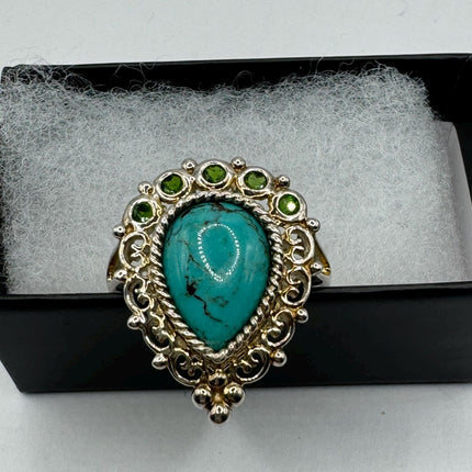 Vintage Silver Ring | Turquoise Howlite Green Chrome Diopside Boho Cocktail |925 Sterling Silver Antique Wedding Promise Engagement Ring
