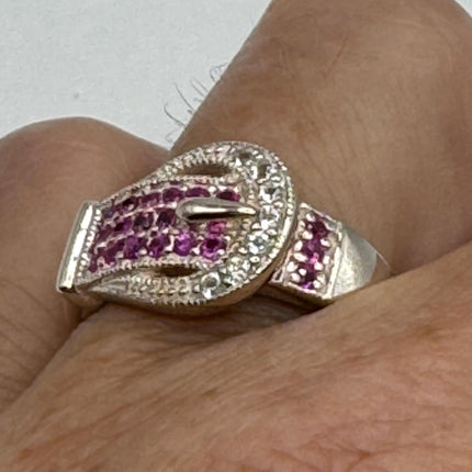 Vintage Silver Buckle Ring | Crystal Diamond Red Ruby Boho Cocktail | 925 Sterling Silver Antique Wedding Band Engagement Ring