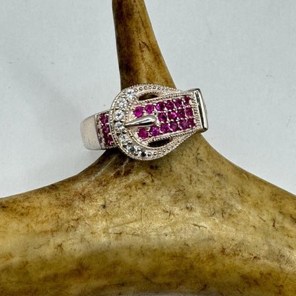 Vintage Silver Buckle Ring | Crystal Diamond Red Ruby Boho Cocktail | 925 Sterling Silver Antique Wedding Band Engagement Ring