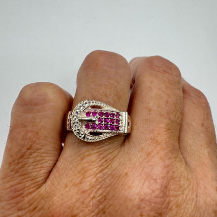 Vintage Silver Buckle Ring | Crystal Diamond Red Ruby Boho Cocktail | 925 Sterling Silver Antique Wedding Band Engagement Ring
