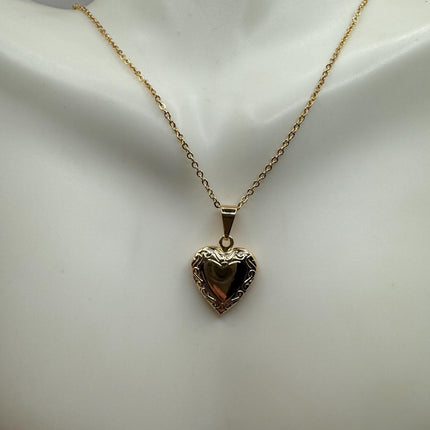 Vintage Gold Locket | Tiny Etched Heart Charm 9K GF Gold Chain | Mini Photo Dainty Memory Pendant Necklace