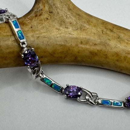 Vintage Blue Fire Opal Purple Amethyst 925 Sterling Silver Deco Tennis Bracelet