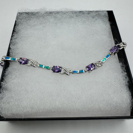 Vintage Blue Fire Opal Purple Amethyst 925 Sterling Silver Deco Tennis Bracelet