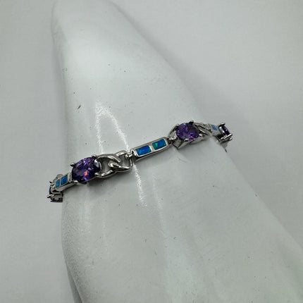 Vintage Blue Fire Opal Purple Amethyst 925 Sterling Silver Deco Tennis Bracelet