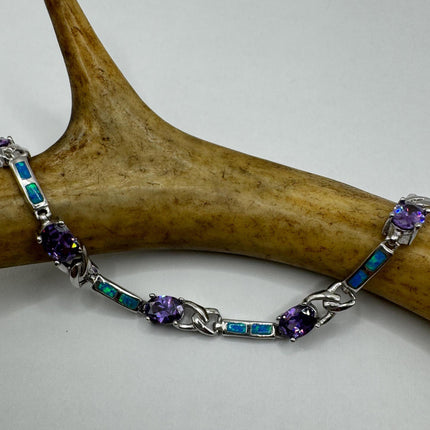 Vintage Blue Fire Opal Purple Amethyst 925 Sterling Silver Deco Tennis Bracelet