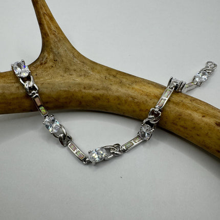Vintage Tennis Bracelet | Blue Fire Opal Gemstone Cubic Zirconia Crystal Diamond 925 Sterling Silver