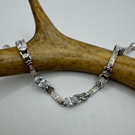 Vintage Tennis Bracelet | Blue Fire Opal Gemstone Cubic Zirconia Crystal Diamond 925 Sterling Silver
