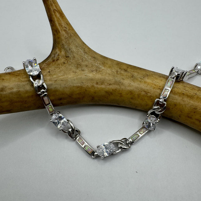 Vintage Tennis Bracelet | Blue Fire Opal Gemstone Cubic Zirconia Crystal Diamond 925 Sterling Silver