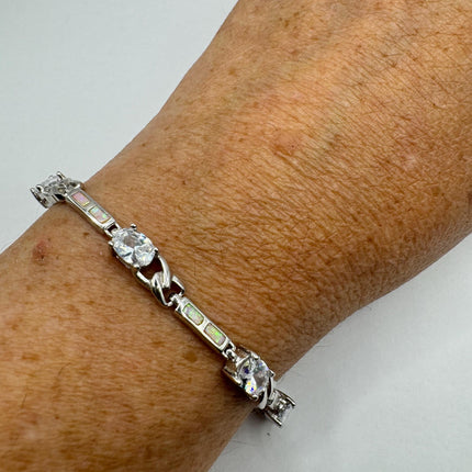 Vintage Tennis Bracelet | Blue Fire Opal Gemstone Cubic Zirconia Crystal Diamond 925 Sterling Silver