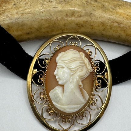 Vintage Deco Carved Cameo Brooch Pin - Gold Filled with Black Velvet Choker - Simple Everyday Minimal Jewelry