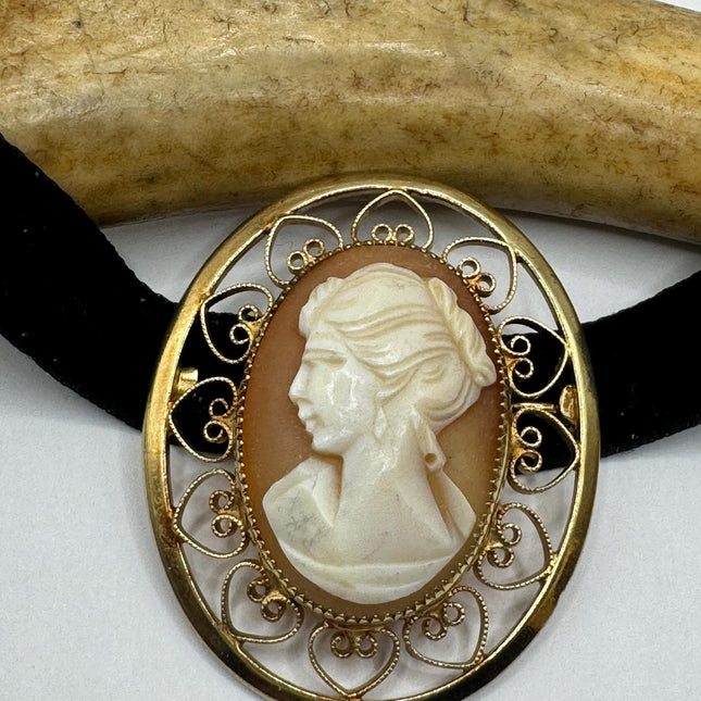 Vintage Deco Carved Cameo Brooch Pin - Gold Filled with Black Velvet Choker - Simple Everyday Minimal Jewelry