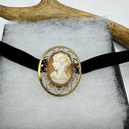 Vintage Deco Carved Cameo Brooch Pin - Gold Filled with Black Velvet Choker - Simple Everyday Minimal Jewelry