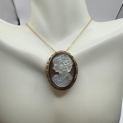 Vintage Cameo Gold Pendant Necklace | 12k GF Tiny Minimal Carved Abalone Gold Chain | Everyday Stacking Wedding Prom Jewelry Pin Brooch