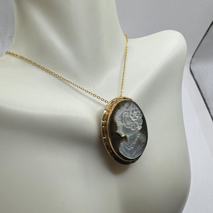 Vintage Cameo Gold Pendant Necklace | 12k GF Tiny Minimal Carved Abalone Gold Chain | Everyday Stacking Wedding Prom Jewelry Pin Brooch