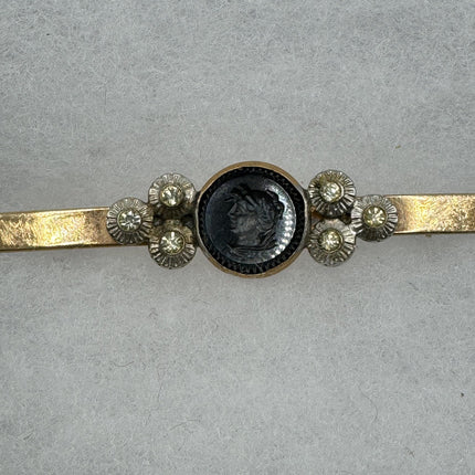 Vintage Gold Cameo Hematite Brooch - Classic Feminine Jewelry - Gold Filled Pin