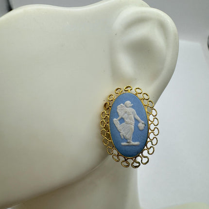 vintage blue and white Wedgewood cameo gold fill button earrings