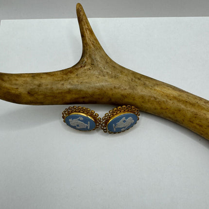 vintage blue and white Wedgewood cameo gold fill button earrings
