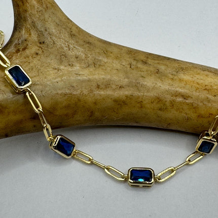 Vintage Tennis Bracelet | Simple Everyday Blue Cubic Zirconia Crystal Diamond Gemstone | Gold 925 Sterling Silver Stackable Minimal Bracelet