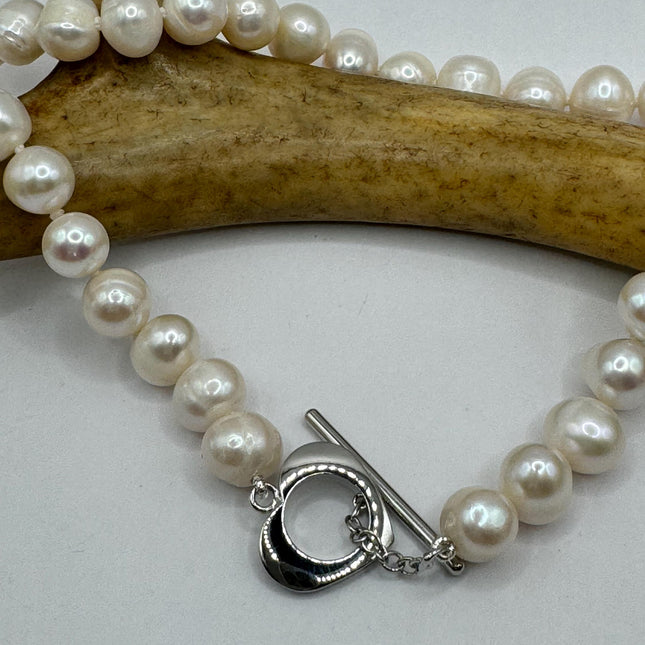 Vintage Pearl Necklace | Elegant Hand Knotted White Pearl 925 Sterling Silver Heart Toggle 18 Inch Necklace Simple every everyday minimal