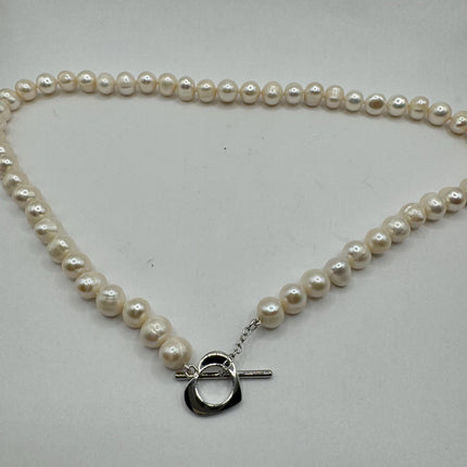Vintage Pearl Necklace | Elegant Hand Knotted Pink Pearl 925 Sterling Silver Heart Toggle 18 Inch Necklace Simple every everyday minimal