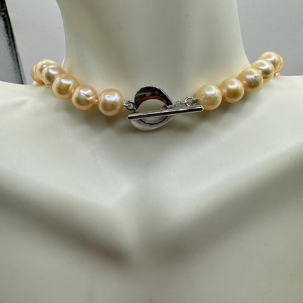Vintage Pearl Necklace | Elegant Hand Knotted Peach Pearl 925 Sterling Silver Heart Toggle 18 Inch Necklace Simple every everyday minimal