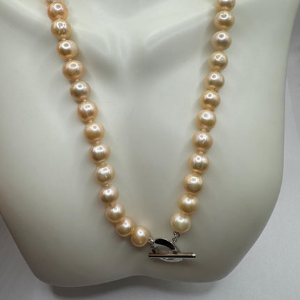 Vintage Pearl Necklace | Elegant Hand Knotted Peach Pearl 925 Sterling Silver Heart Toggle 18 Inch Necklace Simple every everyday minimal