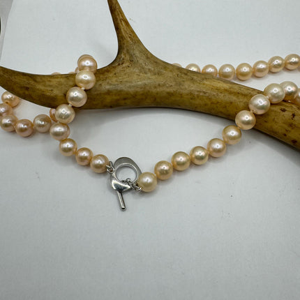 Vintage Pearl Necklace | Elegant Hand Knotted Peach Pearl 925 Sterling Silver Heart Toggle 18 Inch Necklace Simple every everyday minimal