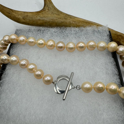 Vintage Pearl Necklace | Elegant Hand Knotted Peach Pearl 925 Sterling Silver Heart Toggle 18 Inch Necklace Simple every everyday minimal