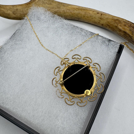 vintage lucky Black onyx Brooch Pin necklace gold filled simple every day minimal
