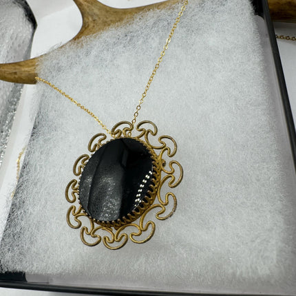 vintage lucky Black onyx Brooch Pin necklace gold filled simple every day minimal