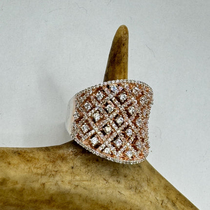 Vintage Cubic Zirconia Clear Crystal Diamond Cocktail | 925 Sterling Silver Antique Pave Set Wedding Promise Band Engagement Ring
