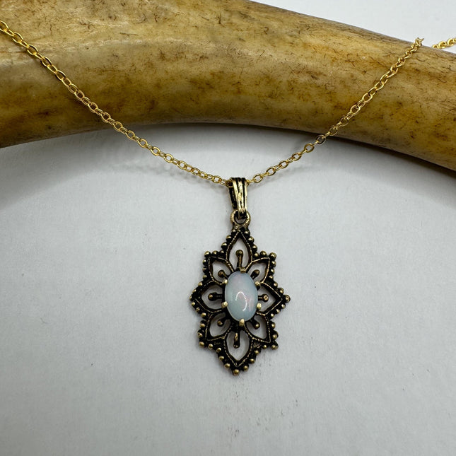 Vintage Silver Charm Necklace | Tiny White Fire Opal Pendant |l 14k gold fill Delicate Chain Necklace | Minimalist Jewelry