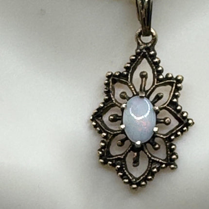 Vintage Silver Charm Necklace | Tiny White Fire Opal Pendant |l 14k gold fill Delicate Chain Necklace | Minimalist Jewelry
